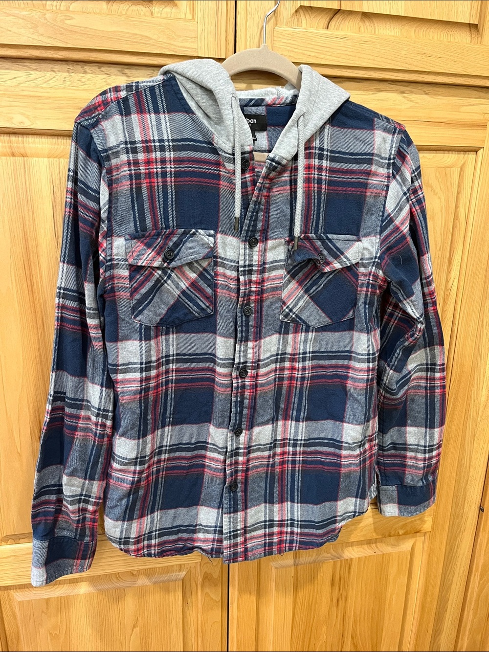 urban pipeline Navy Blue and Red Plaid Shirt With Attached Hood